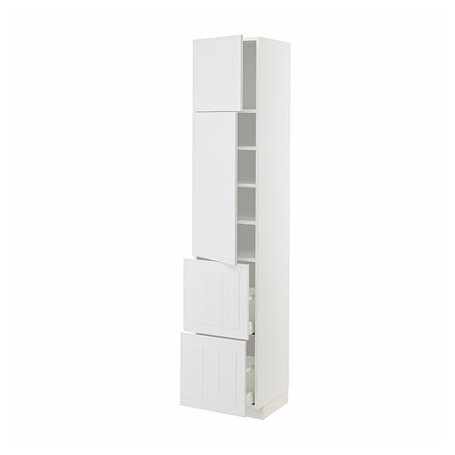 White METOD kitchen unit with cabinets and shelves, modern design, sturdy frame.