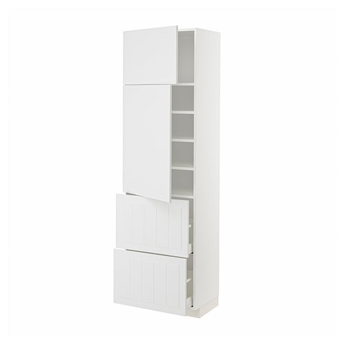 A white METOD kitchen cabinet with multiple compartments and adjustable shelves.