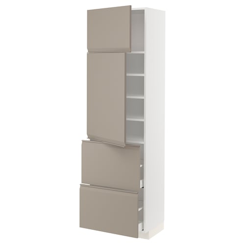 METOD kitchen unit, grey-beige, modern, tall cabinet with shelves, matt handles.