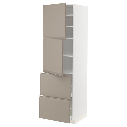 White and beige modern kitchen cabinet with drawer and adjustable shelves.
