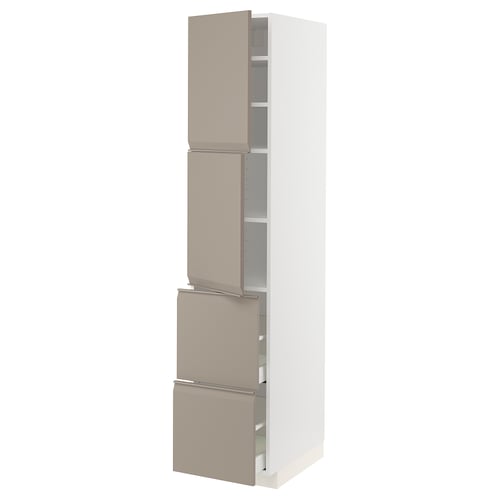 A tall white METOD kitchen cabinet with four matte grey-beige upplöv drawers. The drawers have a modern, graphic design with integrated handles.
