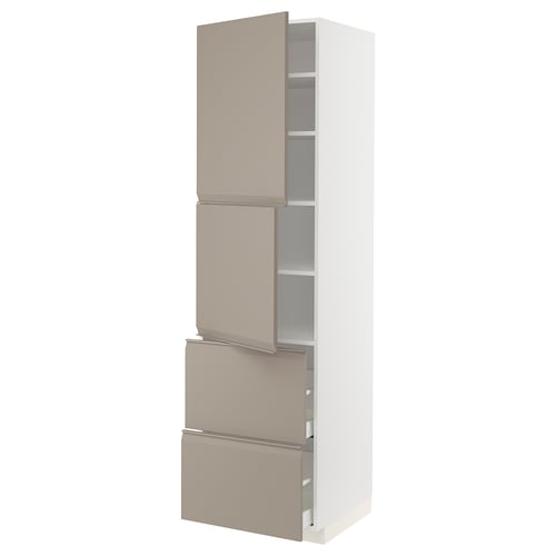 Sleek modern kitchen cabinet, upplöv in grey-beige with integrated handles, featuring pull-out drawers and adjustable shelves.