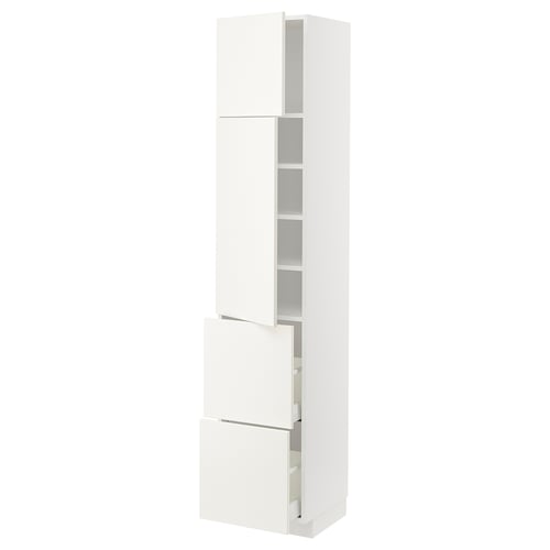 This image shows a white ikea METOD kitchen unit. It multiple shelves and adjustable storage, with a sleek, modern design.