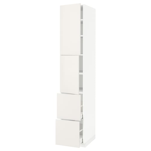 White high cabinet from IKEAs METOD kitchen line with adjustable shelves and smooth-closing drawers.
