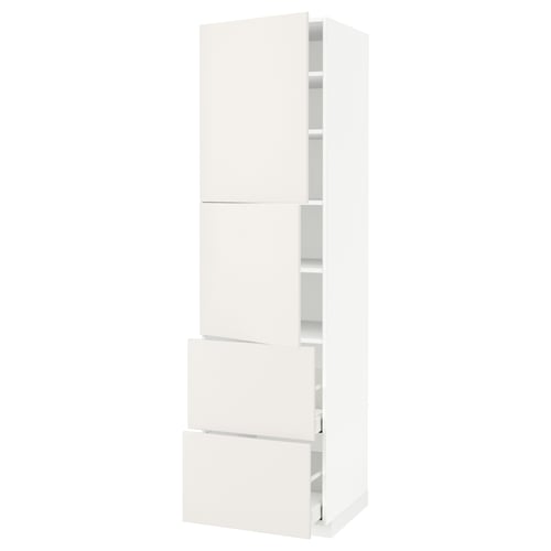A white ikea METOD kitchen cabinet with high and base units, smooth doors, and adjustable shelves.