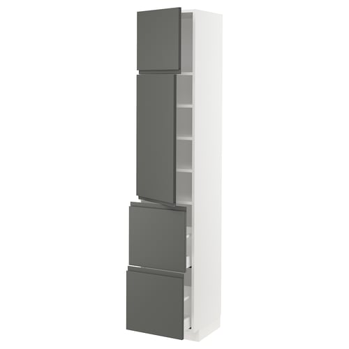 A tall white METOD kitchen cabinet with dark grey handles and drawers. It multiple storage shelves and a modern design.