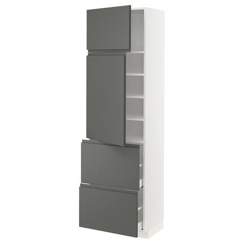 METOD kitchen unit. Tall, white storage with dark grey drawers and shelves, modern design.