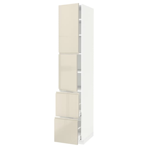 A tall, white METOD kitchen cabinet with beige high-gloss doors. It multiple storage levels and integrated handles, designed for modern kitchens.