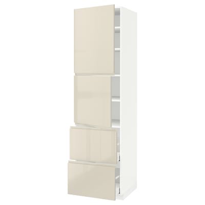 METOD / MAXIMERA High cabinet w 2 doors+2 drawers, white/Voxtorp high-gloss light beige, 60x60x220 cm
