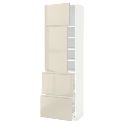 METOD / MAXIMERA High cabinet w 2 doors+2 drawers, white/Voxtorp high-gloss light beige, 60x41x200 cm