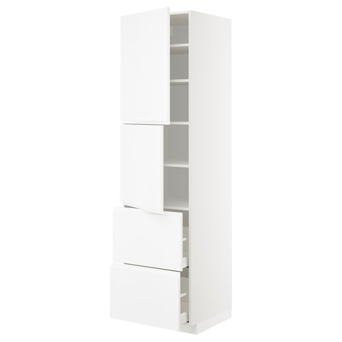 Modern white high gloss kitchen cabinet with two drawers and three shelves, sleek handle-less design.