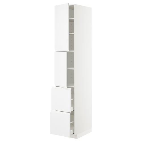 White METOD kitchen unit, modern, glossy, tall, with drawers and shelves.