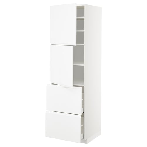 A high gloss white METOD kitchen cabinet with pull-out drawers and adjustable shelves, featuring a sleek, modern design.