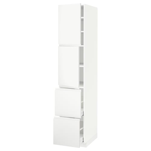 White METOD kitchen unit, minimalist design with drawers and shelves.