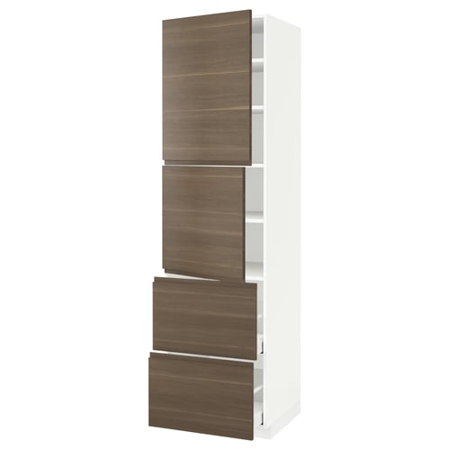 An ikea METOD kitchen cabinet with dark walnut effect drawers and doors. The cabinet is tall with a minimalist design and integrated handles.