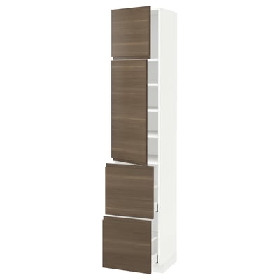 METOD / MAXIMERA High cabinet w 2 doors+2 drawers, white/Voxtorp walnut effect, 40x41x200 cm