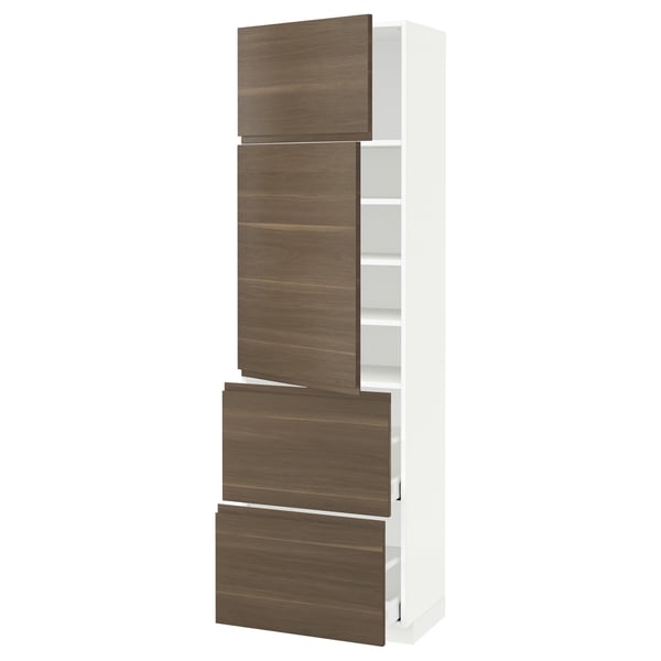 METOD / MAXIMERA High cabinet w 2 doors+2 drawers, white/Voxtorp walnut effect, 60x41x200 cm