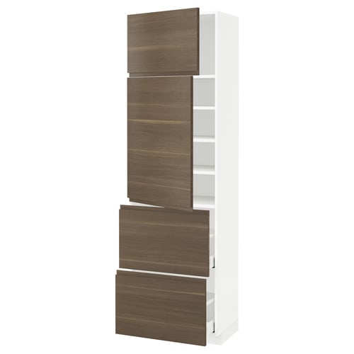 White kitchen cabinet, dark walnut drawers, slim modern design, tall 3-drawer unit.