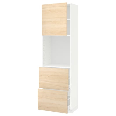 A white and light wood-colored METOD kitchen cabinet set with adjustable shelves and drawers.