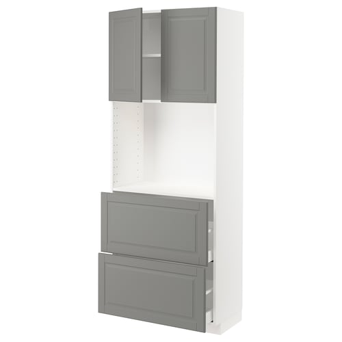 A white and grey METOD kitchen cabinet with drawers and shelves. The unit a traditional design with bevelled edges.