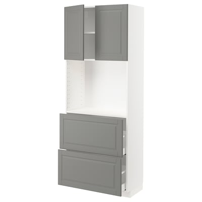 A white and grey METOD kitchen cabinet with drawers and shelves. The unit a traditional design with bevelled edges.