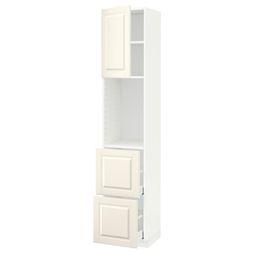 METOD kitchen cabinet in off-white with bevelled edges, tall, white, rectangular, and includes shelves and drawers.