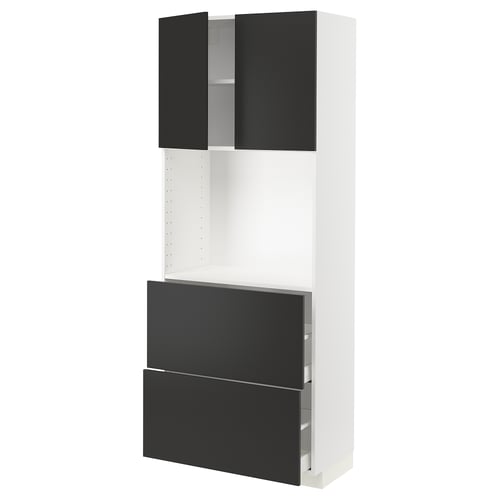 METOD kitchen unit in white and black. Two black drawers, two black cupboard doors, and an empty white shelving space. Modern, sleek design.