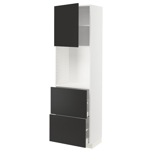 Modern kitchen unit METOD with black nickebo doors. Tall, white cabinets with black drawer and door. Steel hinges and particleboard.
