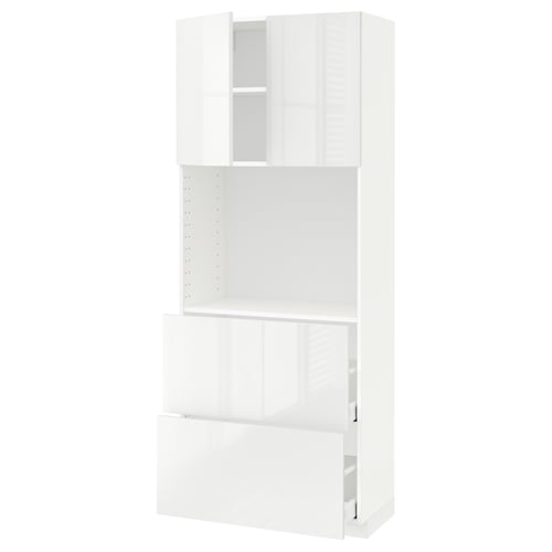 METOD high gloss white kitchen cabinet, modern minimalist design with adjustable shelves and smooth drawer.