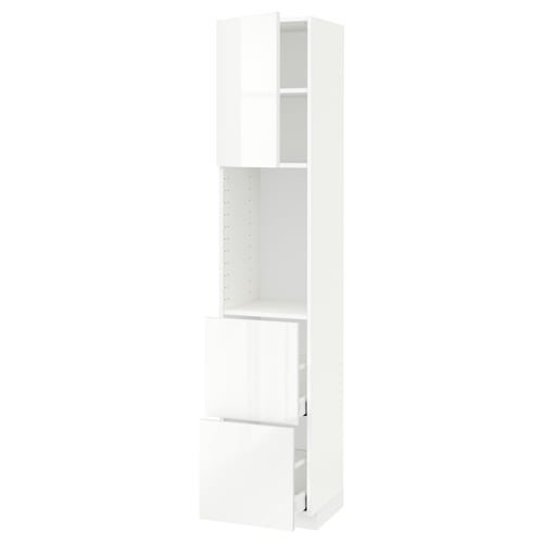 A white METOD kitchen cabinet with high-gloss doors and adjustable shelves. It a modern design with a glossy finish.