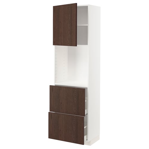 Dark brown oak METOD kitchen unit. Tall with drawers and shelves, white frame.