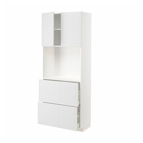 A white METOD kitchen cabinet with a combination of doors and drawers. The cabinet has a crafted look with a sturdy frame and adjustable shelves.
