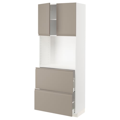 Modern kitchen cabinet in beige with integrated handles and adjustable shelves.