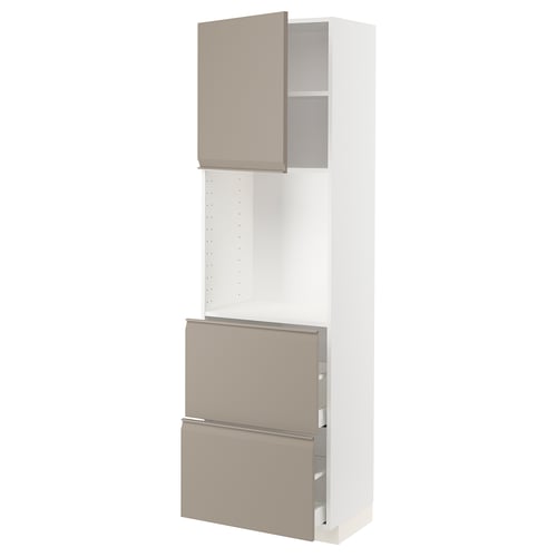 White kitchen cabinet with beige drawers, sleek design.