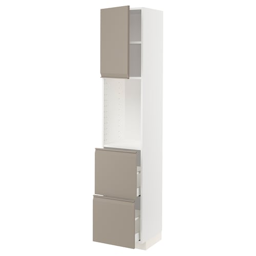 A white METOD kitchen cabinet with grey-beige upplöv doors and a drawer, featuring a modern design with clean lines and an integrated handle.
