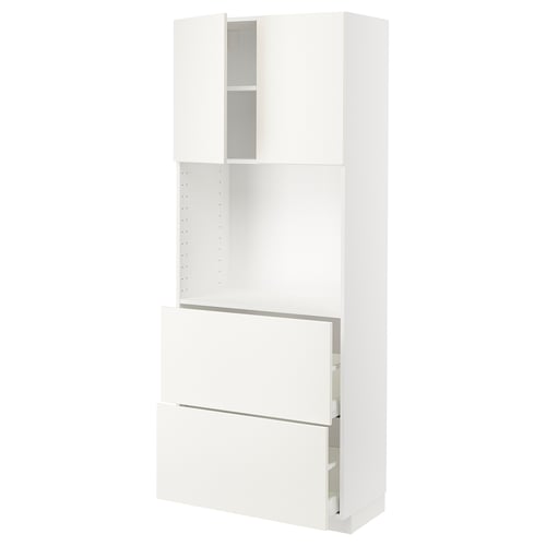White METOD kitchen unit with shelves and drawers.