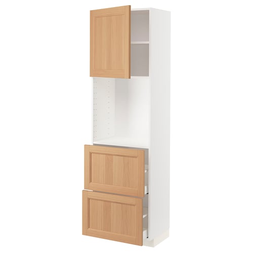White METOD kitchen unit with oak drawers and adjustable shelf.