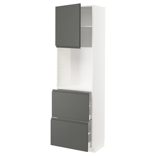 A modern white kitchen cabinet with dark grey drawer fronts, featuring sleek, handle-less design.