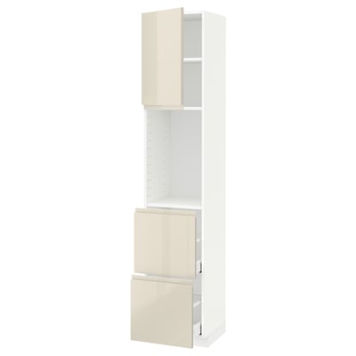 METOD / MAXIMERA High cabinet w shelves/2 drawers, white/Voxtorp high-gloss light beige, 40x41x200 cm