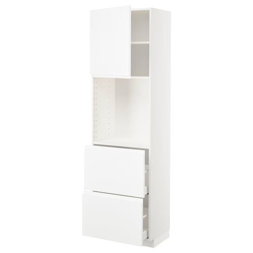 White kitchen cabinet set, modern design, high gloss, with drawers and shelves.