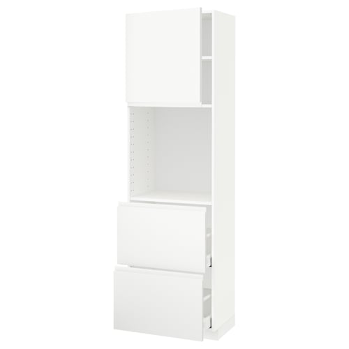 White METOD kitchen cabinet with voxtorp fronts, adjustable shelf, and full-extension drawers.