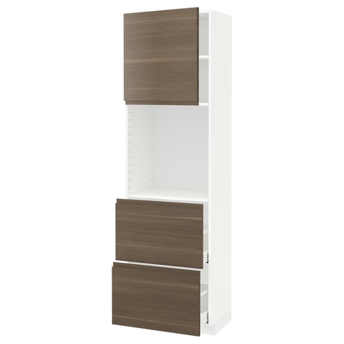 Modern ikea METOD kitchen unit in white with dark walnut effect handles, vertical storage.