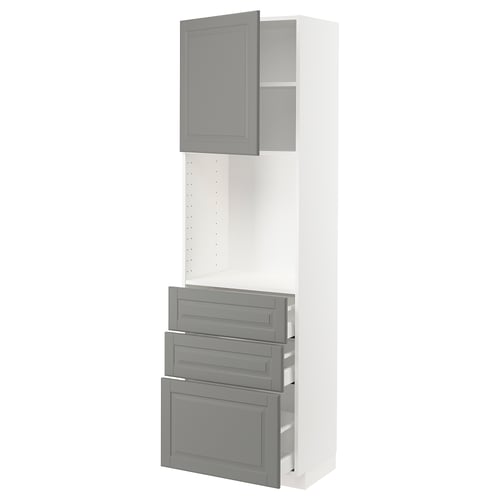Modern grey kitchen unit, white cabinet with drawers and open top.