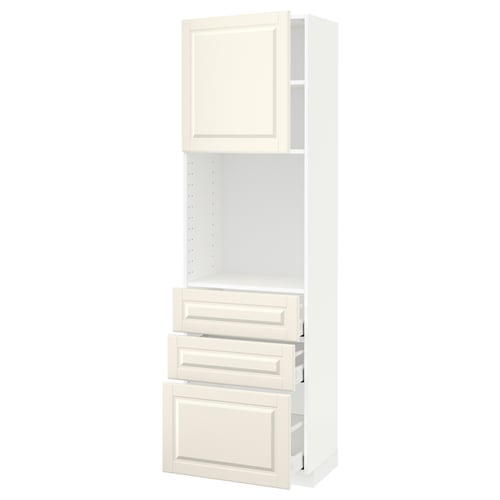 White METOD kitchen cabinet, three drawers, open shelf, off-white fronts.