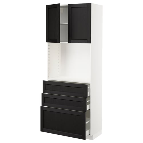 A white METOD kitchen unit with black stained wooden drawers and cabinet doors.