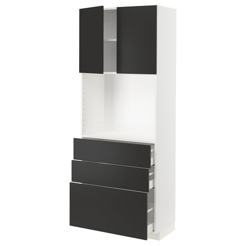 Modern black and white kitchen cabinet with three drawers and two doors by ikea METOD series.