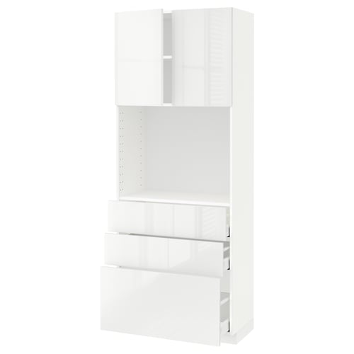 Ikea METOD white high gloss kitchen unit with cabinets and drawers.