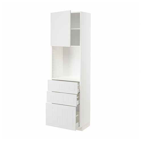 Displays a white METOD kitchen cabinet with drawers and shelves. It a sleek, modern design with a smooth finish and multiple storage compartments.