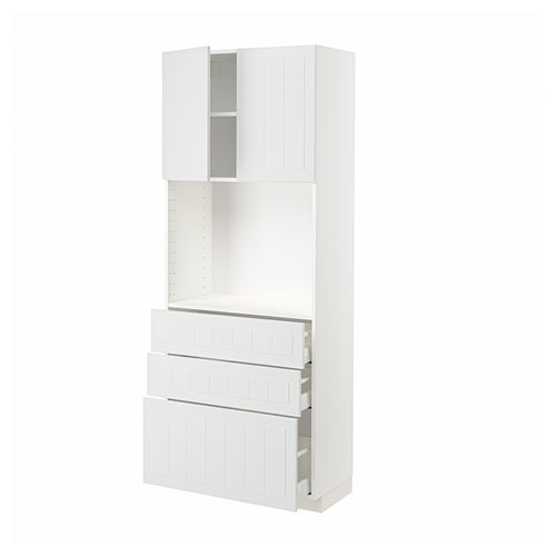 White METOD kitchen unit, tall with drawers, clean design, adjustable shelves, sturdy frame.
