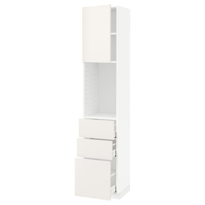 White METOD kitchen unit: tall cabinet with drawers, modern design.